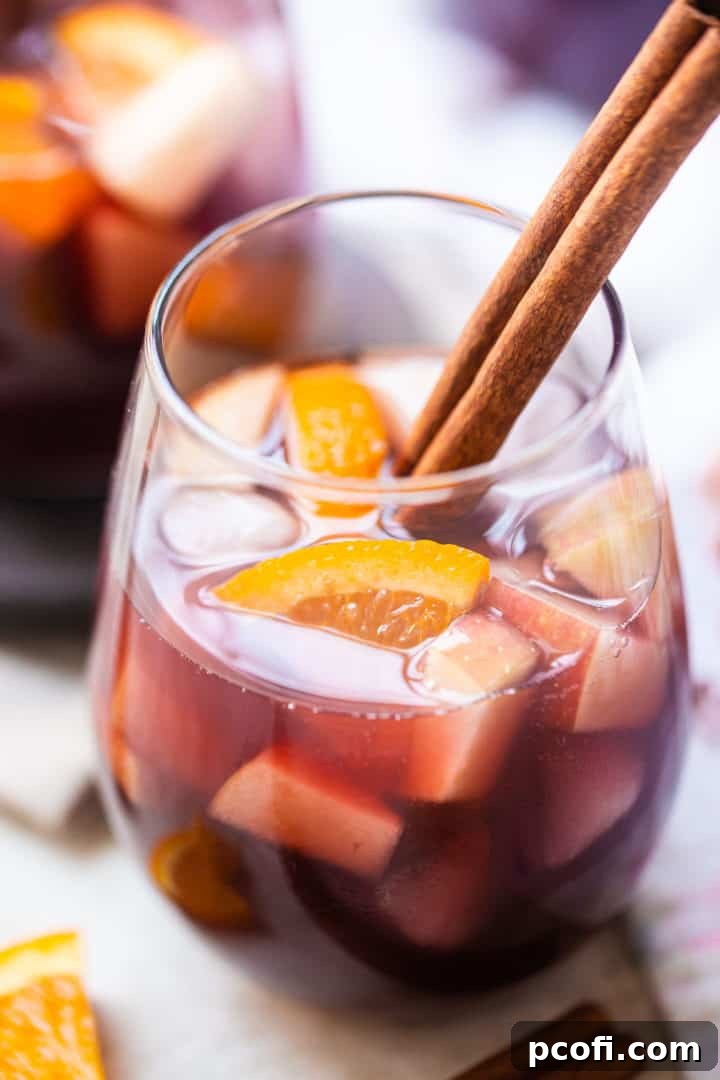 Delicious homemade sangria poured into glasses, adorned with vibrant fruit slices and elegant cinnamon sticks, ready for serving.