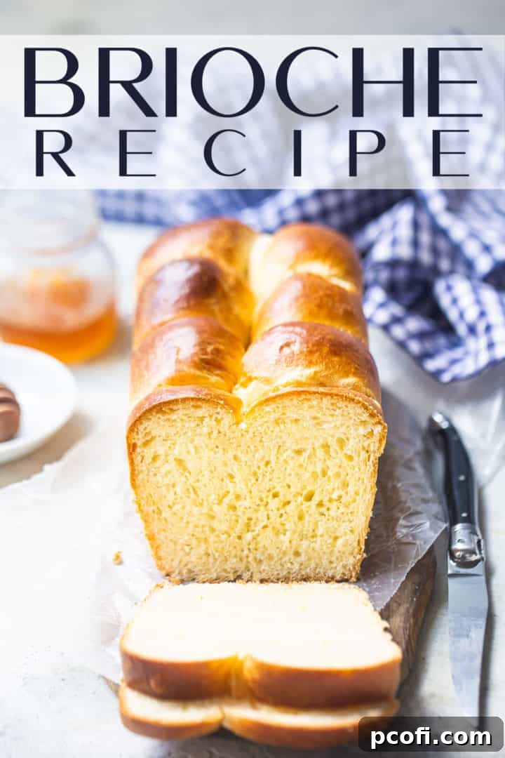Brioche loaf presented on a wood board with a text overlay above that reads "Brioche Bread."