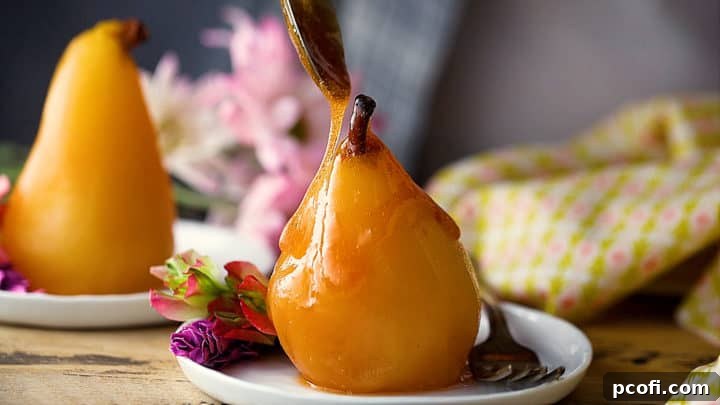 Drizzling the rich, reduced syrup over beautifully poached pears for added shine and sweetness.