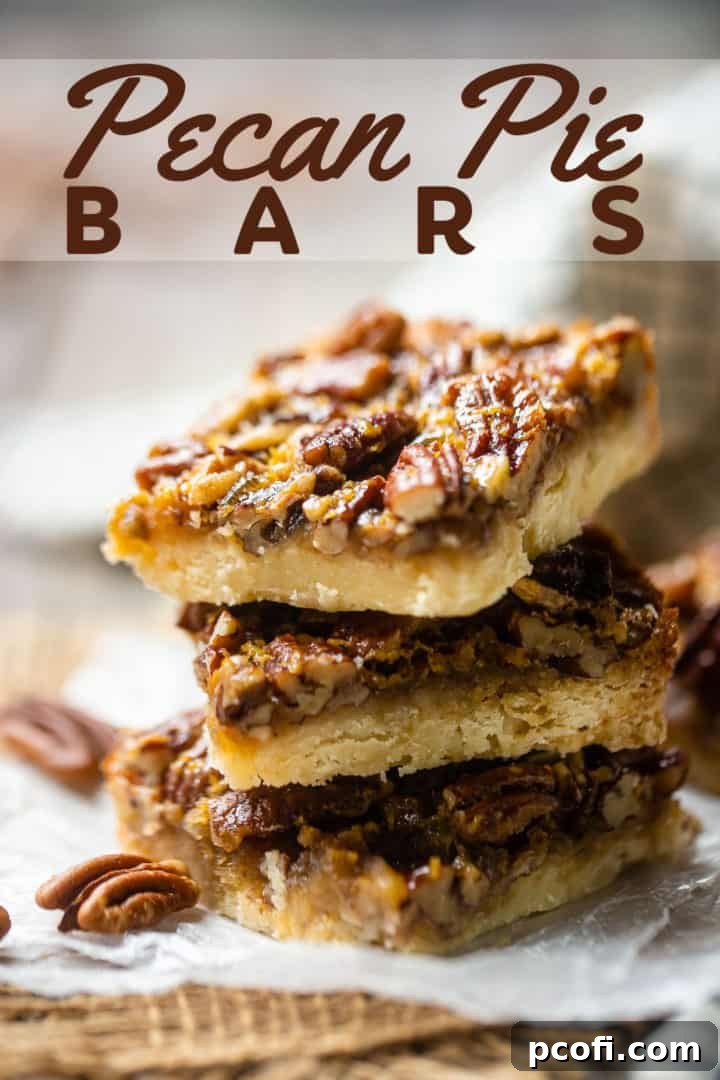 Pecan bars arranged in a stack, with a text overlay that reads "Pecan Pie Bars."