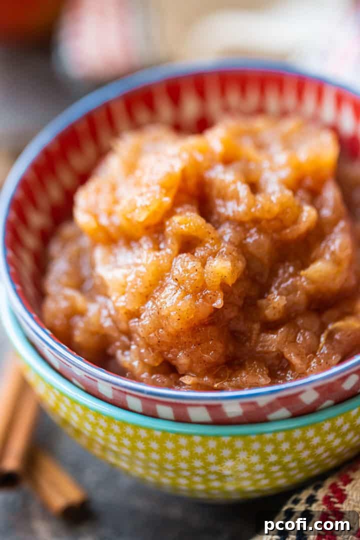 Close-up image of chunky homemade applesauce with cinnamon sticks in the background, highlighting the perfect texture and spice.