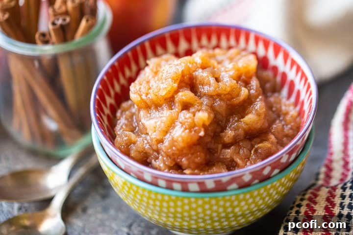 Easy homemade applesauce in a serving bowl, with cinnamon sticks scattered in the background, emphasizing the spiced flavor.
