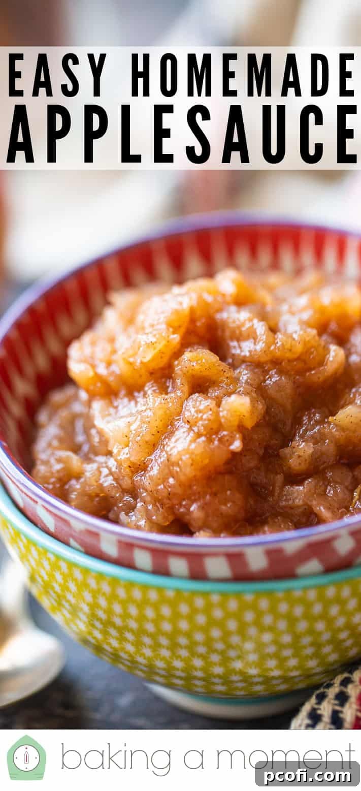 Easy homemade applesauce in a red checked ceramic bowl, perfectly chunky and spiced.