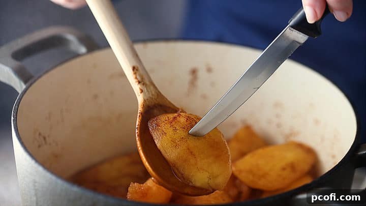 Testing cooked apples for doneness with the tip of a sharp knife, ensuring they are tender enough for homemade applesauce.