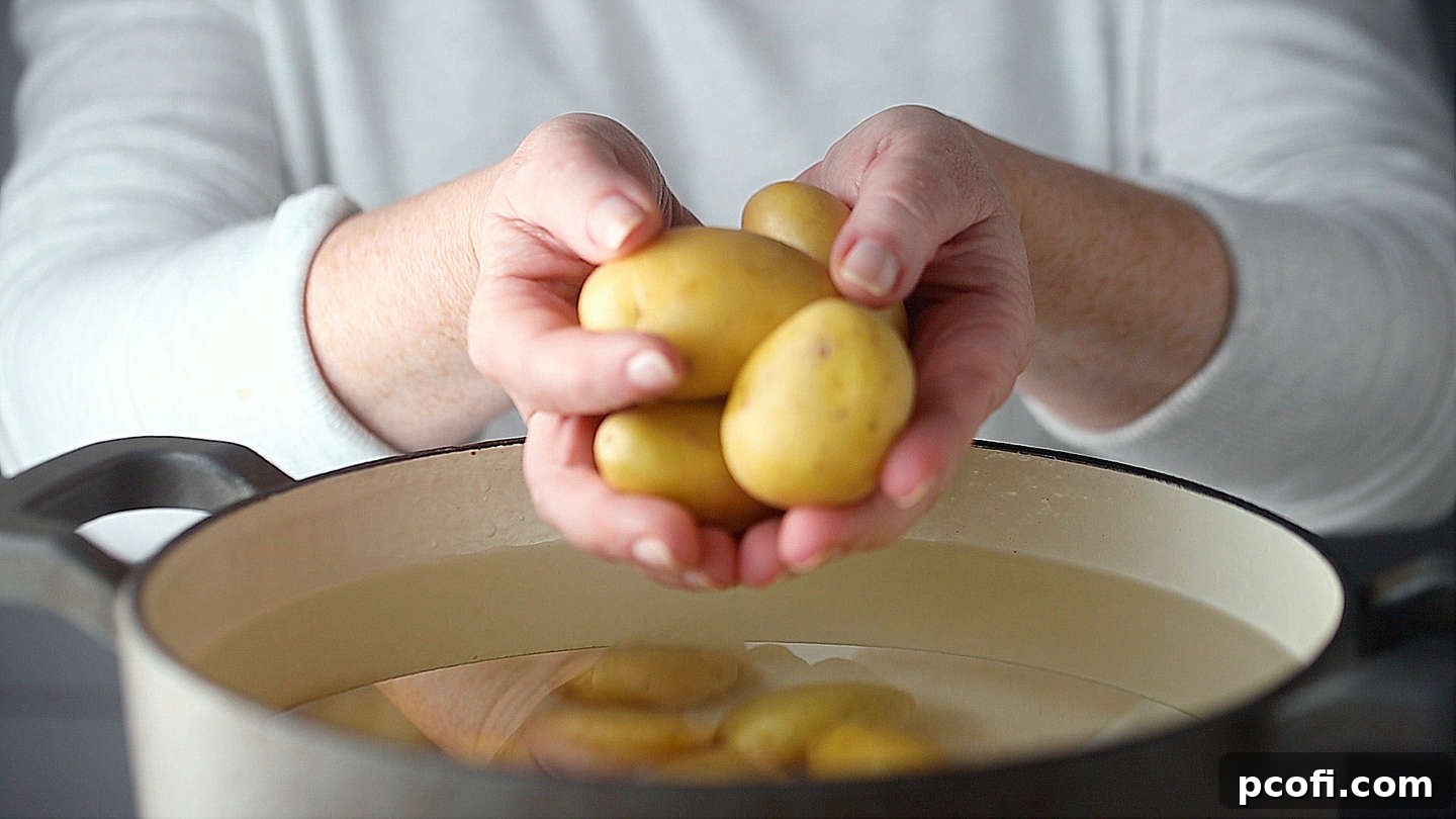 Placing whole, unpeeled Yukon gold potatoes into a large pot of cold, heavily salted water.