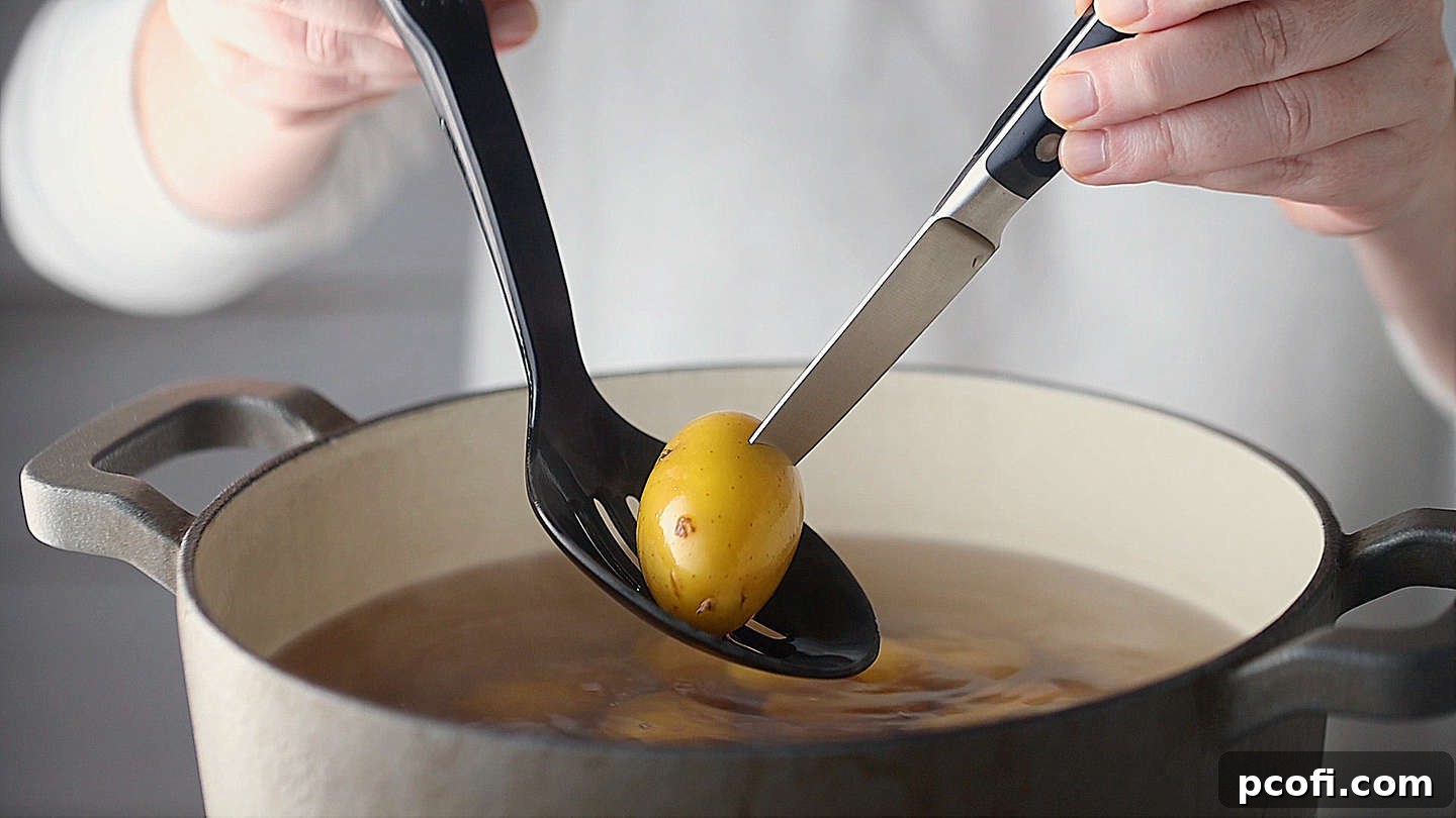 A sharp knife tip testing a cooked potato for doneness, showing it is fork-tender.