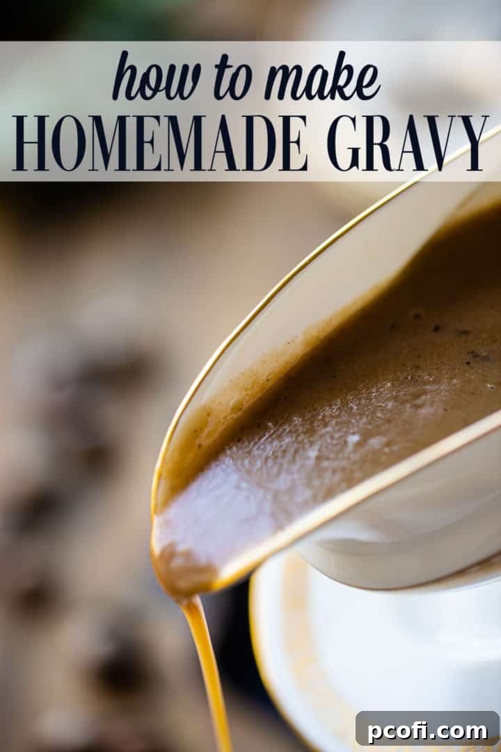 Pouring golden-brown homemade gravy from a elegant gravy boat, with text overlay: "How to Make Homemade Gravy."