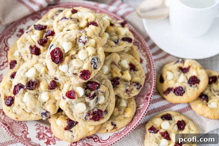 A festive arrangement of cranberry orange cookies displayed on a patterned red and white plate, accompanied by a striped cloth, evoking a cozy holiday atmosphere.