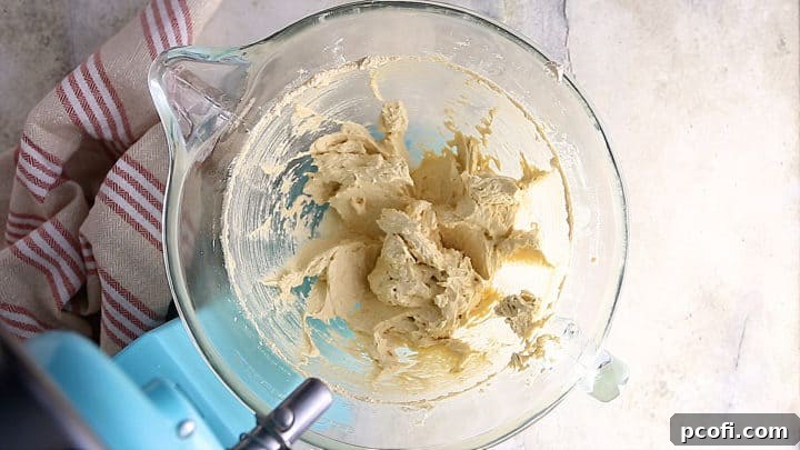 A mixture of pale, fluffy butter and sugar with eggs and vanilla extract fully incorporated, ready for dry ingredients.