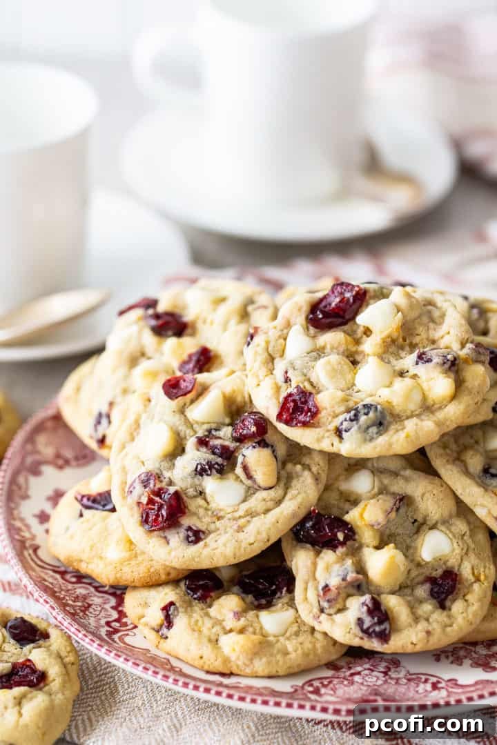 A close-up view of freshly baked oatmeal cranberry cookies, beautifully arranged on a vintage plate, with warm coffee cups in the background, creating a cozy scene.