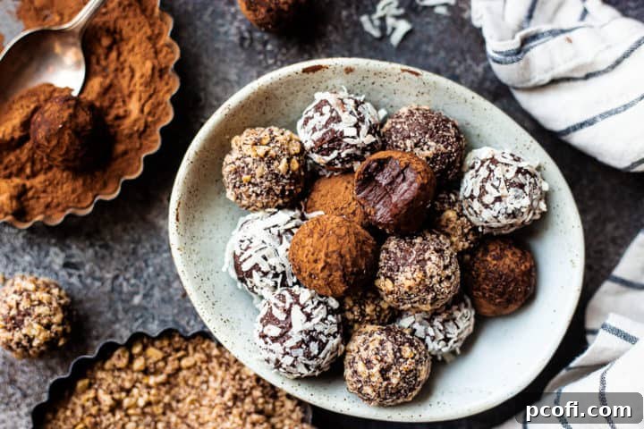 Overhead image of chocolate truffles in a serving dish.