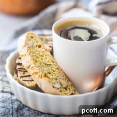 Biscotti cookies served with a cup of espresso.