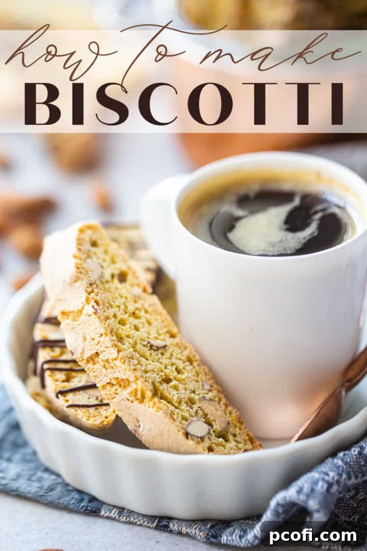 Biscotti recipe, prepared and presented with coffee in a small white dish.