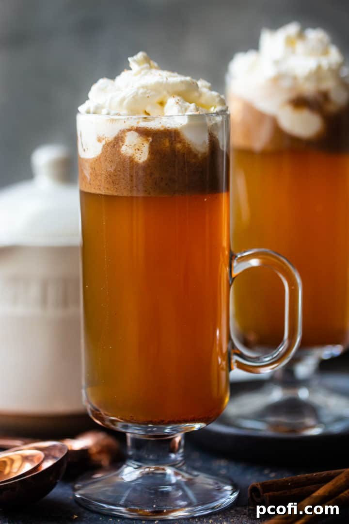 Close-up of a single mug of hot buttered rum, showing the melted batter mixed with the liquid and a topping of whipped cream and nutmeg, emphasizing its rich texture.