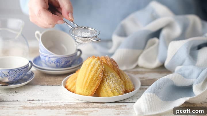 Dusting freshly baked Madeleines with powdered sugar to garnish, adding an elegant and classic finish.