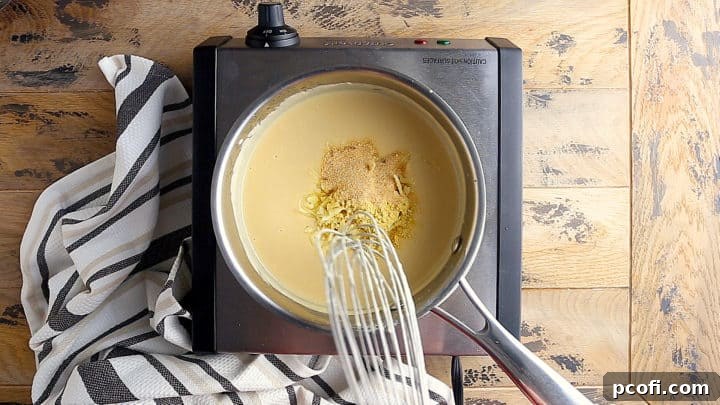 Dry mustard and garlic powder being whisked into the finished beer cheese dip, adding the final flavor touches.