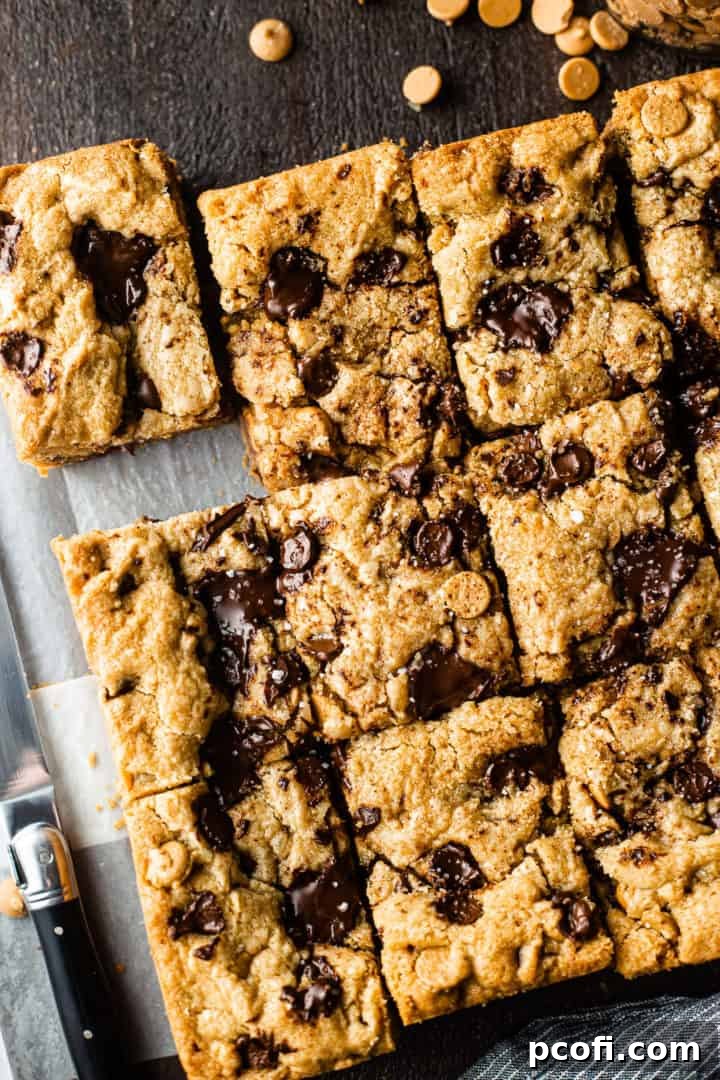 Overhead image of peanut butter chocolate chip blondies on a sheet of parchment paper with a knife.