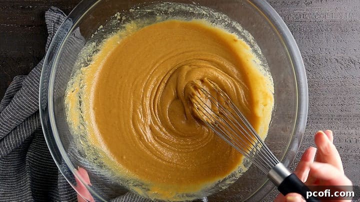 Sugar, butter, and peanut butter whisked until smooth.