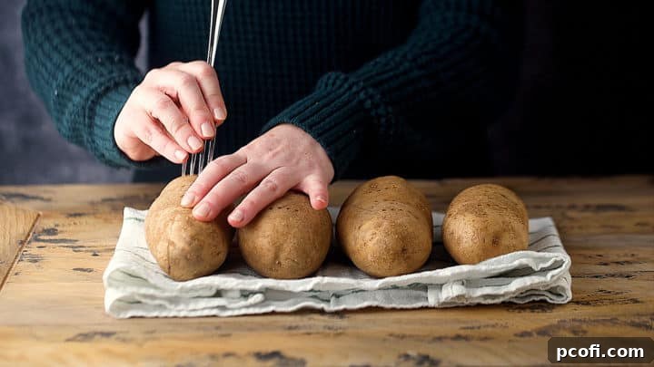 Pricking russet potatoes with a fork before baking to allow steam to escape.