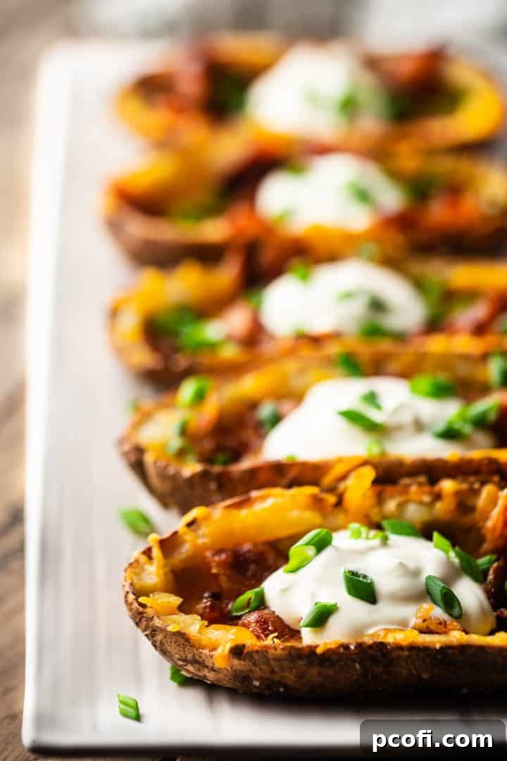 A tray of freshly made potato skins, garnished with scallions, ready for serving at a party or gathering.