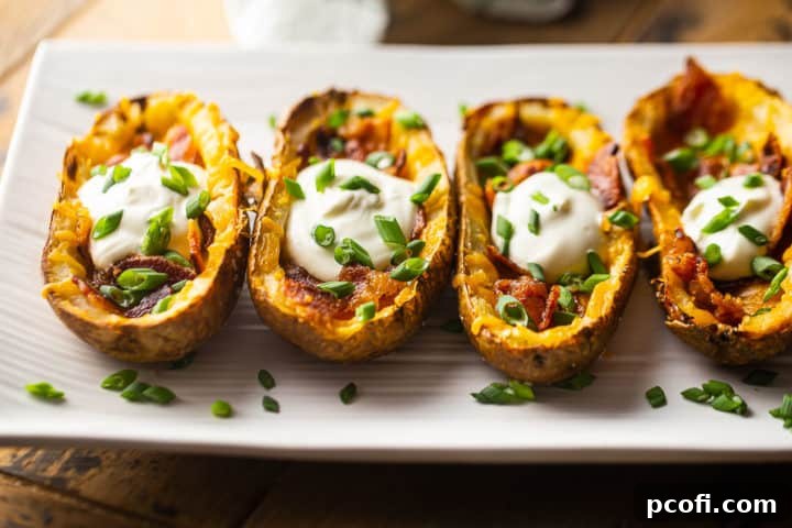The best homemade potato skins, generously stuffed with cheddar cheese, crumbled bacon, sour cream, and fresh scallions, beautifully arranged on a platter.