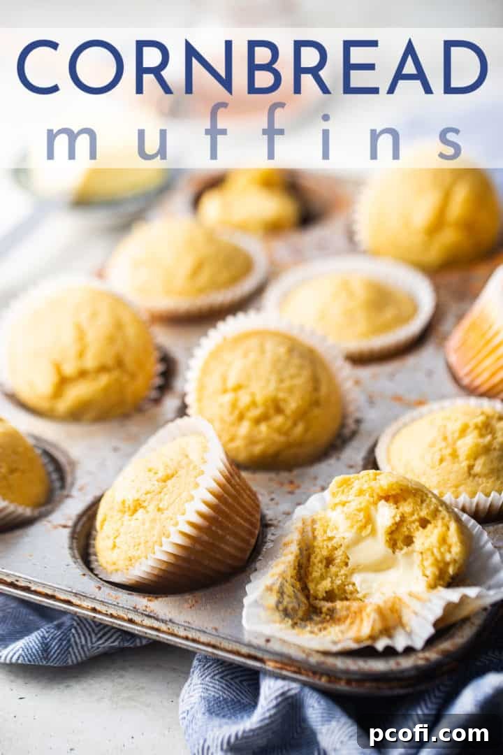 Close-up of a perfectly baked corn muffin, showing its moist crumb, arranged in a vintage muffin pan with a text overlay that reads "Cornbread Muffins."