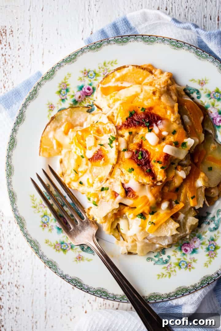 Overhead image of scalloped potatoes recipe, prepared and served on a floral plate with a blue striped cloth.