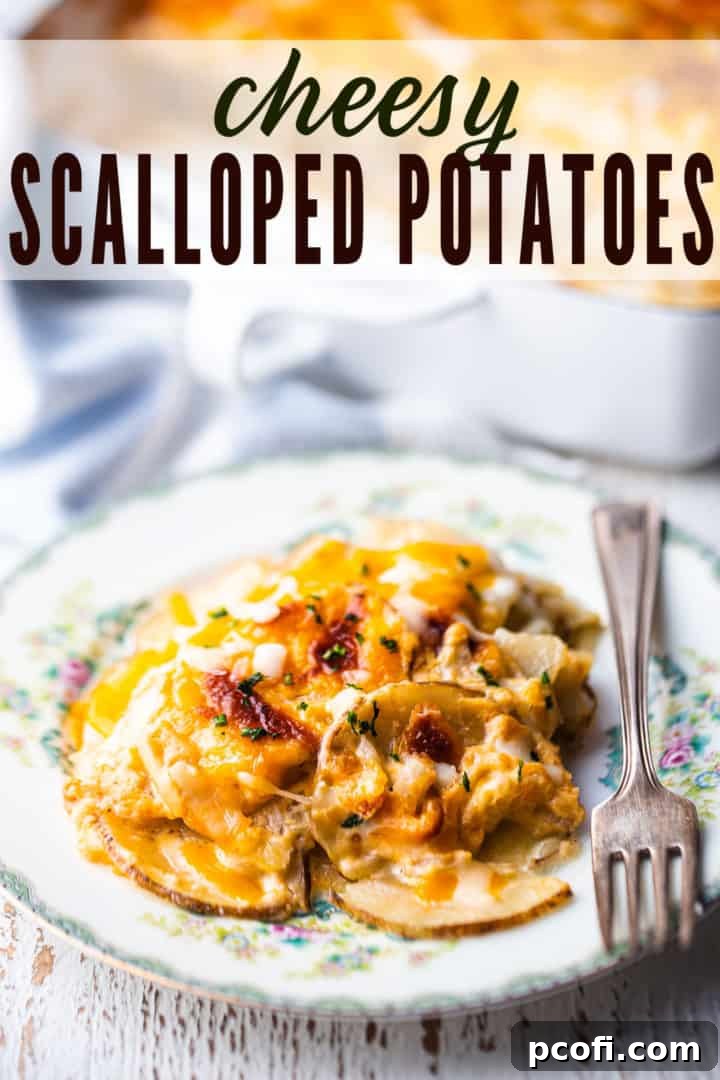 Potatoes au gratin served on a vintage floral plate with a silver fork and a text overlay that reads "Cheesy Scalloped Potatoes."
