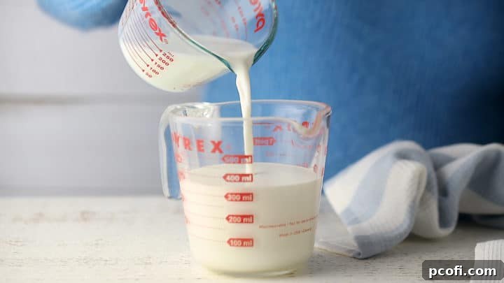 Combining cream and milk in a large liquid measuring cup.