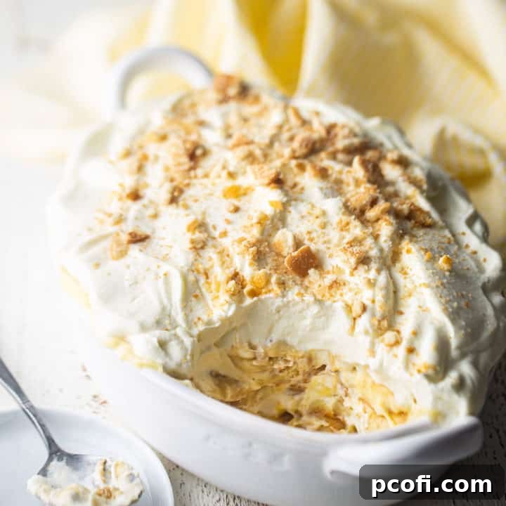 A beautifully presented banana pudding in an oval serving dish, topped with crushed vanilla wafer cookies for added texture and visual appeal.