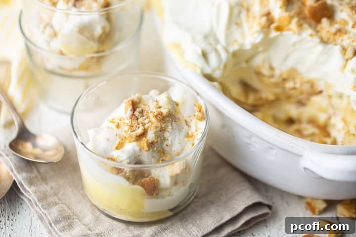Individual servings of the best banana pudding recipe, beautifully presented in small clear glass bowls, showcasing its perfect layers and inviting texture.