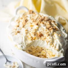 Banana pudding in an oval serving dish with crushed vanilla wafer cookies on top.