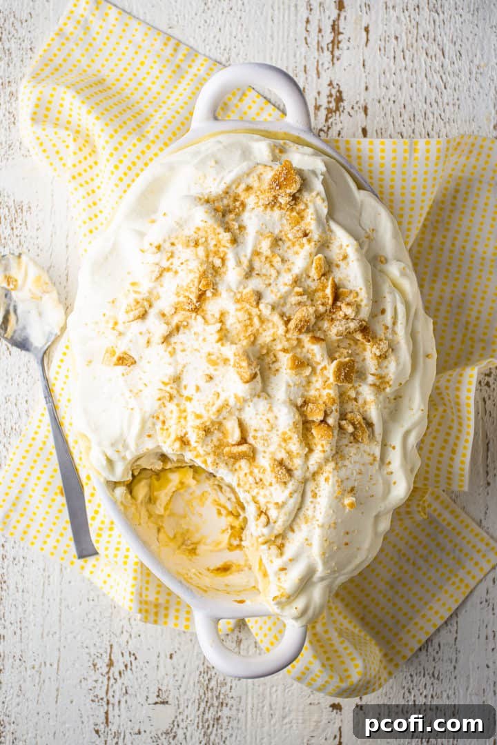 An overhead view of a banana pudding in a glass dish, meticulously layered with vanilla wafers, creamy homemade vanilla pudding, perfectly sliced bananas, and a generous topping of whipped cream.