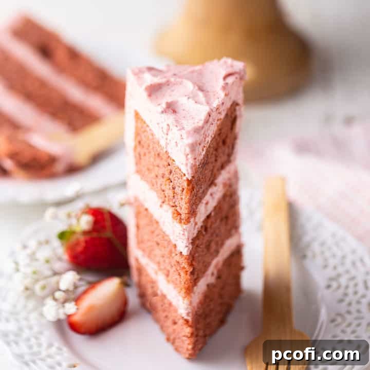 A slice of strawberry cake on a lacy white plate with a wooden fork.