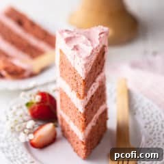 A slice of strawberry cake on a lacy white plate with a wooden fork.