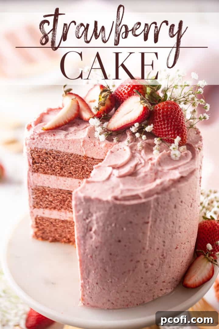 Strawberry cake recipe, prepared and served on a marble pedestal, with a text overlay that reads "Strawberry Cake."