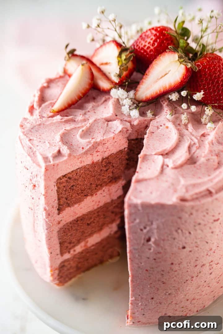 Close up image of the best strawberry cake recipe, garnished with fresh strawberries and fresh flowers.