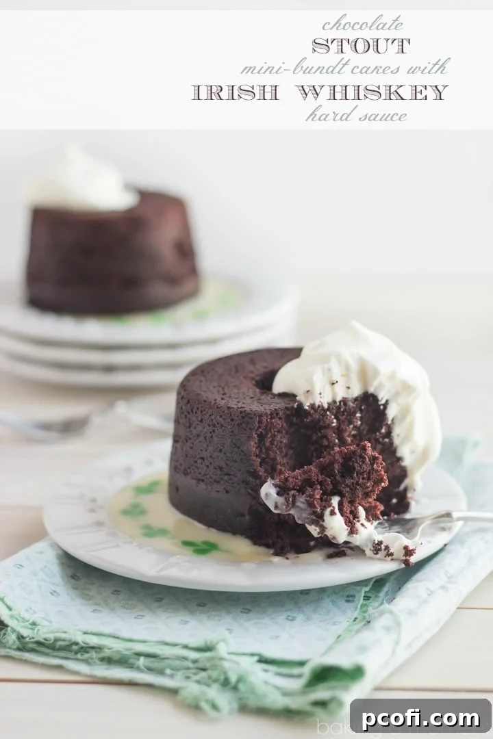 Close-up of a chocolate stout mini-bundt cake showing its rich texture and topping