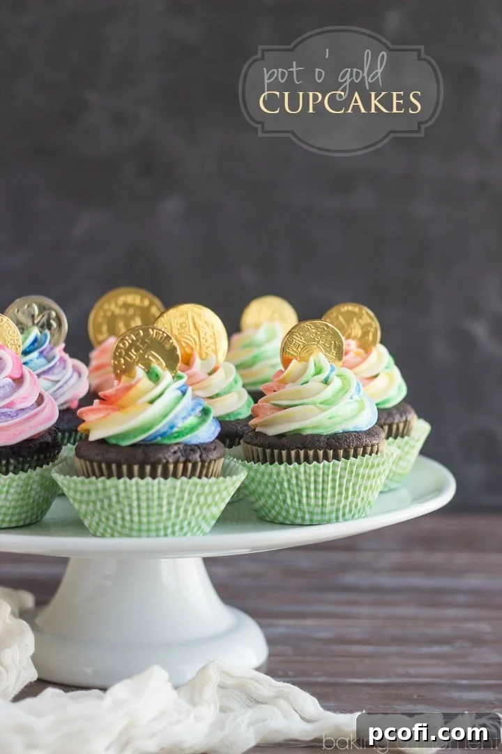 Delicious Rainbow Pot of Gold Chocolate Cupcakes, perfect for St. Patrick's Day celebrations