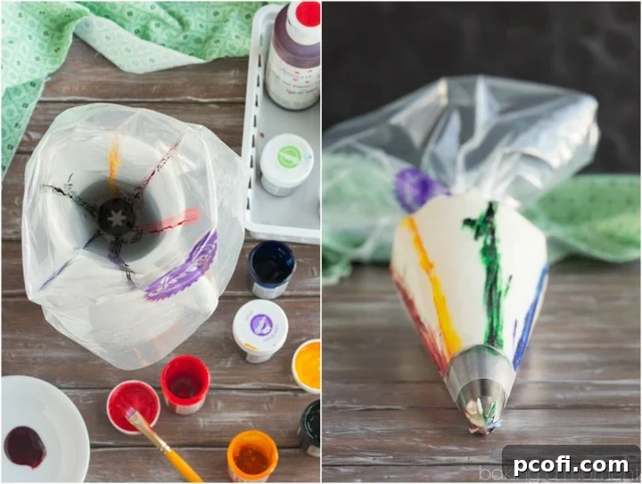 Detailed guide on how to pipe vibrant rainbow striped frosting for cupcakes