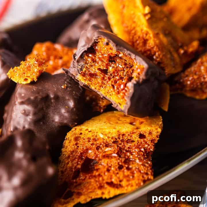 Close up image of sponge candy showing the airy, bubbly texture inside, ready to be enjoyed.