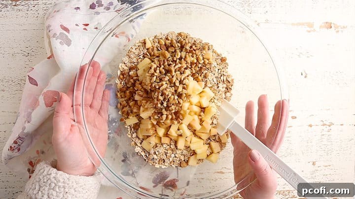 Baked oatmeal dry ingredients with apples and walnuts added, showcasing the versatility of add-ins.