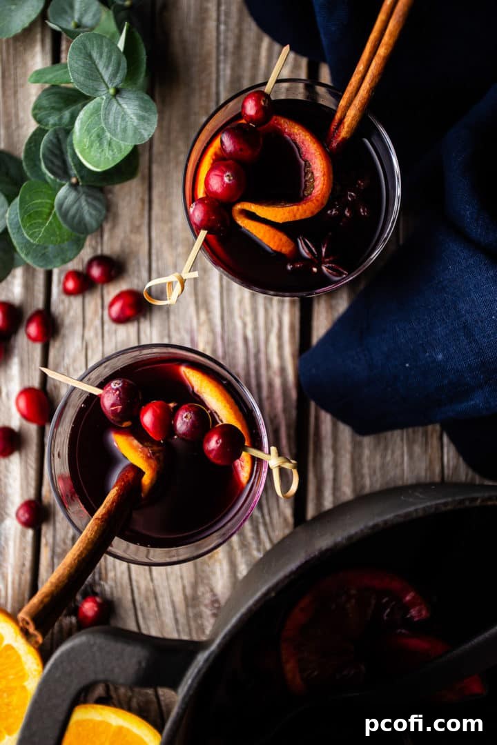 Overhead image of how to make mulled wine, served from a pot into two glasses and garnished with fresh cranberries and orange slices.