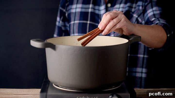 Adding cinnamon sticks to a pot of mulled wine.