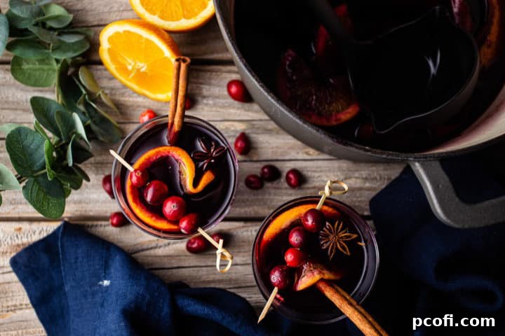 Overhead image of mulled wine spices, added to red wine and simmered.