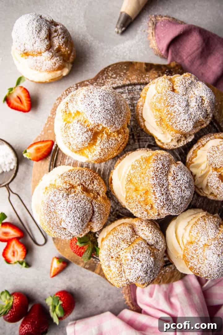 An overhead shot showcasing cream puffs generously filled with whipped cream, garnished with fresh strawberries and a dusting of powdered sugar.