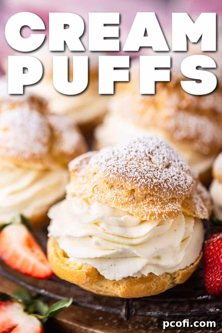 A beautifully arranged selection of cream puffs on an antique French wire rack, highlighted with a text overlay 'Cream Puffs.'