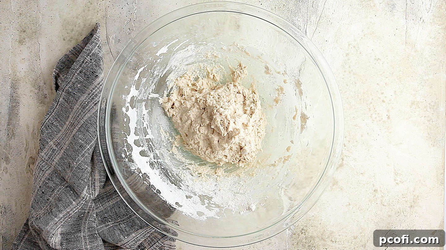 Freshly made ciabatta dough in a large mixing bowl.