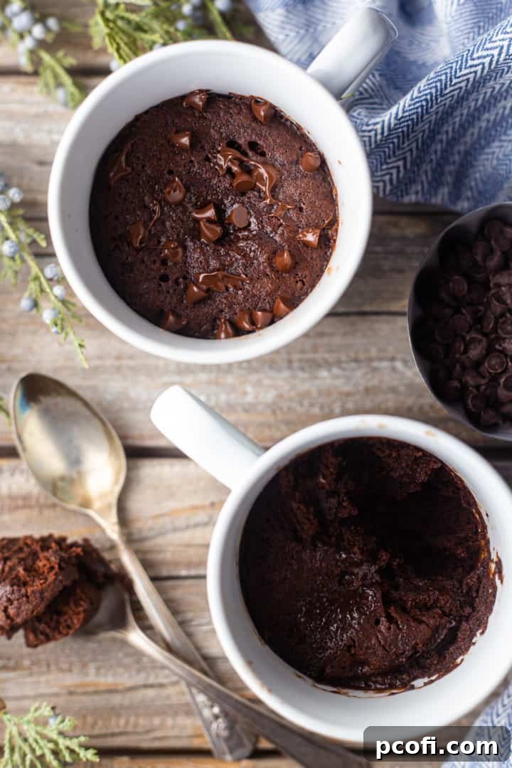 Overhead image of two chocolate mug cakes served on a distressed wooden surface with vintage silver spoons.