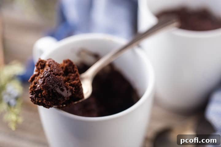 Close-up image of a spoonful of mug cake chocolate resting on the rim of a white ceramic coffee cup, showing its moist texture.